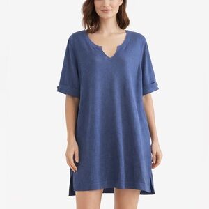 J Jill Tunic PM Petite Blue Linen Blend Oversized Short Sleeve High Low Hem NEW